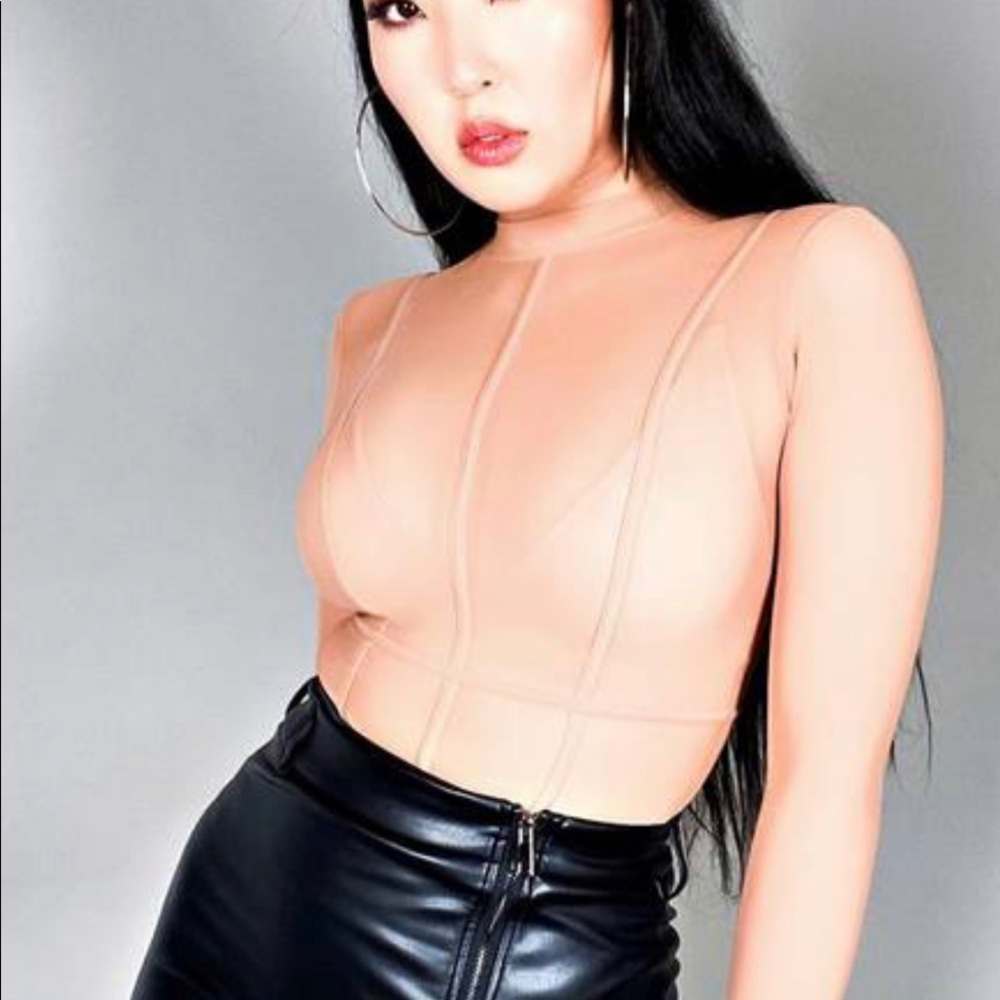 AKIRA Bodysuit Thong Long Sleeves Sheer nude